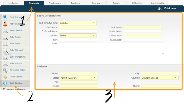 student account creation form