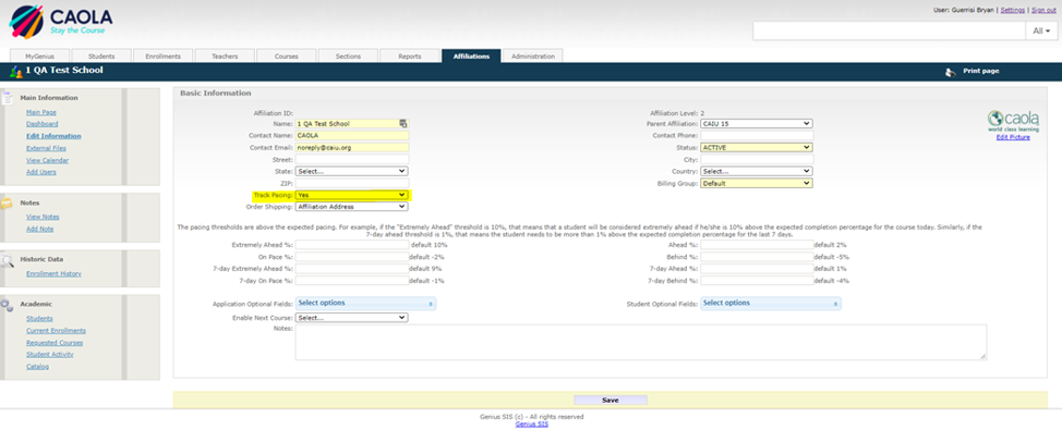 Affiliation edit information screen with track pacing highlighted